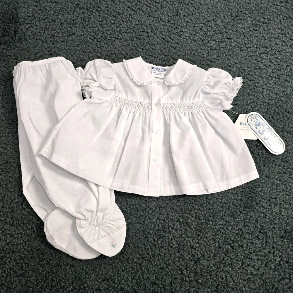 Rosey Kids Vintage White Smocked Floral Embroidered Footed Pant Set 3-6 Mos NWT